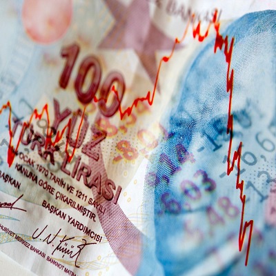 Turkish lira banknote and financial stock chart