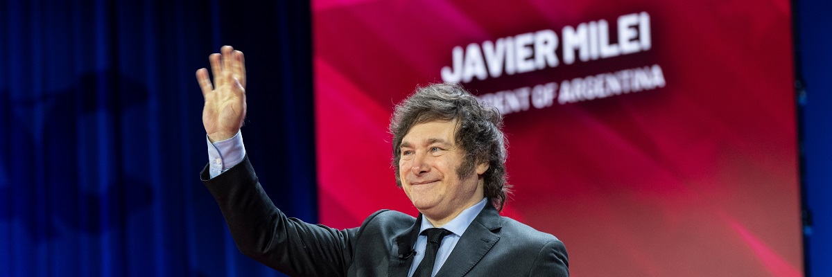 Argentine President Javier Milei takes the stage to speak during the 2024 CPAC Conference at the Gaylord National Resort Convention Center in Washington DC on February 24, 2024