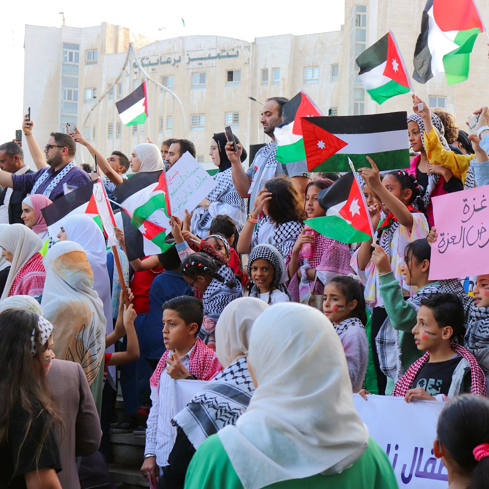 Amman, Jordan - October 18, 2023 : Arab unity in the Al-Aqsa flood war (flag of Jordan and Palestine) Demonstrations of the Jordanian people in solidarity with Gaza and the Palestinian people					