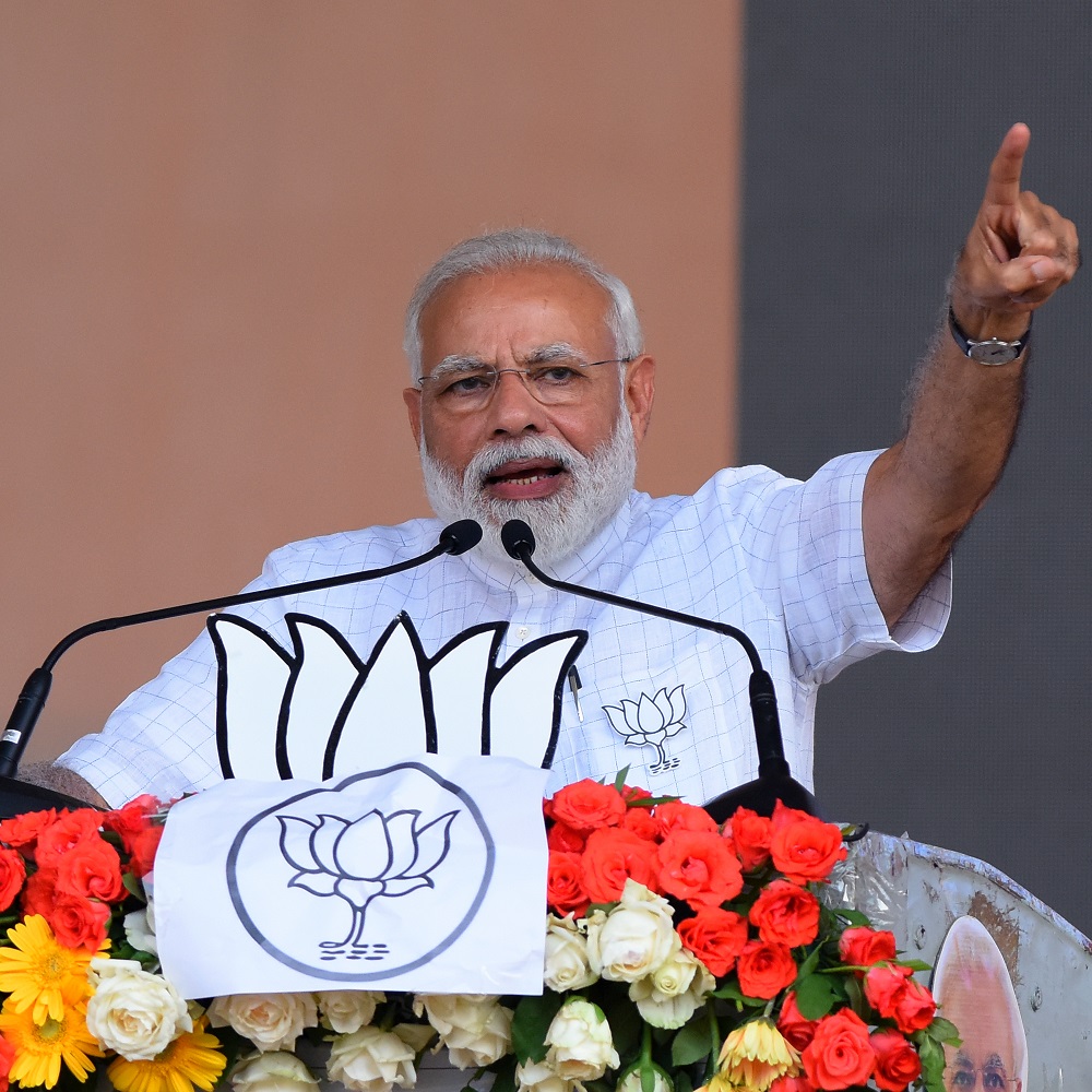 Prime Minister of India Narendra Modi addresses BJP activist during an election campaign rally ahead of Lok Sabha or general election 2019 on April 03, 2019